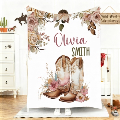 Custom Name Floral Cowgirl Boots Blanket, Flannel/Sherpa Bed Couch Throw, Nursery Home Decor, Birthday/Christmas Gift for Cowgirls/Western Baby Girls