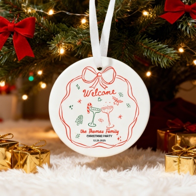 Custom Name Hand-Painted Family Party Christmas Ornament, Knot & Cocktail Glasses Design Ceramic Holiday Tree Hanging Decor, Christmas Gift for Family