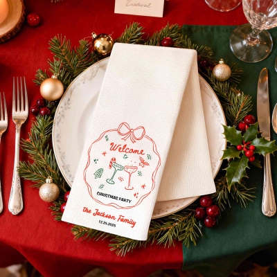 Custom Name Hand-Painted Family Party Christmas Waffle Weave Dish Towel, Absorbent Kitchen Towel, Housewarming/Christmas Gift for Hostess/Mom/Family