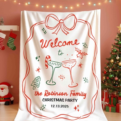 Custom Name Hand-Painted Family Party Christmas Blanket, Knot & Cocktail Glasses Design Flannel/Sherpa Bed Couch Throw, Christmas Gift for Family