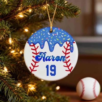Custom Name & Number Baseball Ice Cream Drip Christmas Ornament, Ceramic Holiday Tree Hanging Decor, Christmas Gift for Baseball Lovers/Players