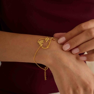 Custom Birth Flower & Birthstone Heart Bracelet with Name, Sterling Silver 925 Women's Jewelry, Birthday/Anniversary/Mother's Day Gift for Her/Mom