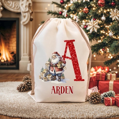 Custom Name Glitter Alphabet Santa Claus Christmas Gift Bag, Canvas Santa Sack with Drawstring, Holiday Party Favor, Christmas Gift for Kids/Family