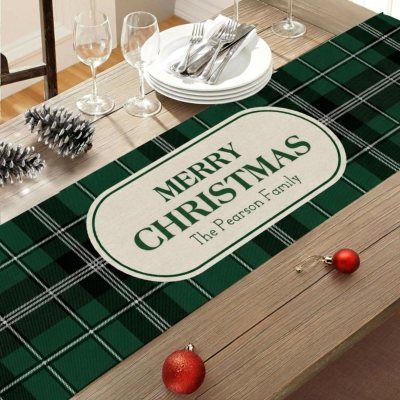 Personalized Name Christmas Buffalo Plaid Table Runner, Winter Holiday Kitchen Dining Party Table Decor, Christmas Gift for Mom/Hostess/Family