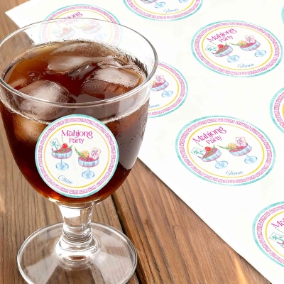 Personalized Mahjong Party Waterproof Stickers Labels with Name, Mahjong Cocktail Pattern, Christmas Mahjong Party Decor Gift for Mahjong Lover