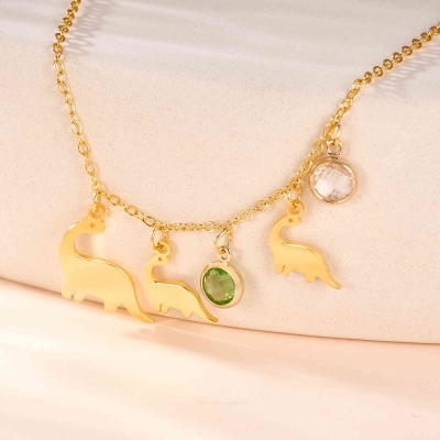 Personalized Mother & Child Dinosaur Necklace with 1-5 Birthstones, Sterling Silver 925 Family Birthstone Jewelry, Mother's Day Gift for Mom/Grandma