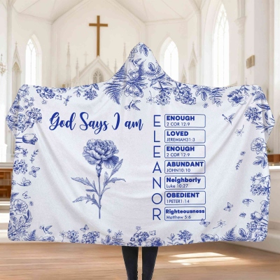 Personalized Name Birth Flower Toile de Jouy Bible Verses Hooded Blanket, Arctic Fleece Blanket Hoodie, Birthday/Christmas Gift for Christian Women