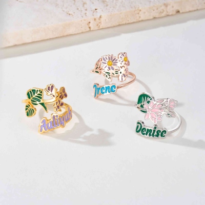 Personalized Enamel Birth Flower Ring with Name, Sterling Silver 925 Women's Floral Adjustable Ring, Birthday/Mother's Day Gift for Her/Mom/Grandma