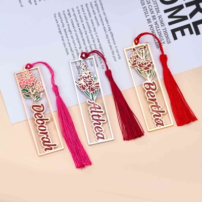 Personalized Name Enamel Birth Flower Bookmark with Tassel, Stainless Steel Floral Bookmark, Book Accessory, Birthday Gift for Book Lovers/Women