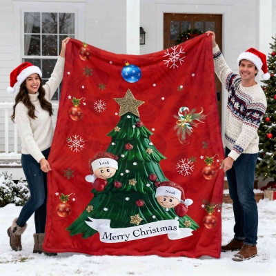 Personalized Christmas Tree Red Blanket with 2-6 Family Names, Flannel/Sherpa Bed Couch Throw, Home Decor, Housewarming/Christmas Gift for Family/Kids