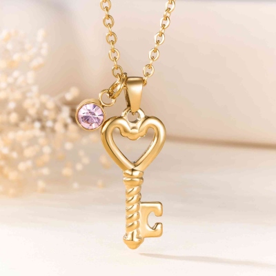 Personalized Heart Key Necklace with Birthstone/Initial, Dainty Key Pendant Necklace, Birthday/Anniversary/Valentine's Day Gift for Her/Couple/Bestie