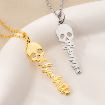 Personalized Name Halloween Skull Necklace, Sterling Silver 925 Skeleton Charm Pendant, Trick or Treat Necklace, Punk Gift for Gothic Lovers/Him/Her