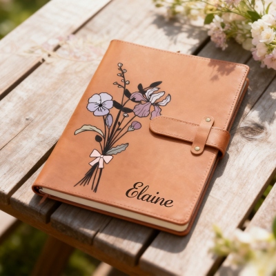 Custom Name Birth Flower Leather Notebook & Cover, Traveler's Notebook Sketch Pad Case, Stationery Drawing Pencils Organizer, Gift for Artists/Women