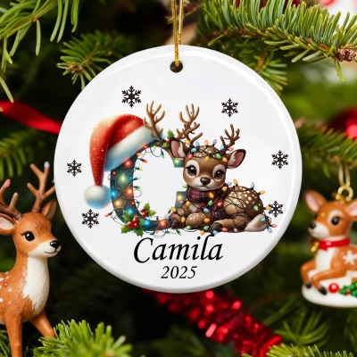 Personalized Name Colorful Lights Alphabet Reindeer Christmas Ornament, Ceramic Christmas Tree Hanging Decor, Christmas Gift for Kids/Family/Friends