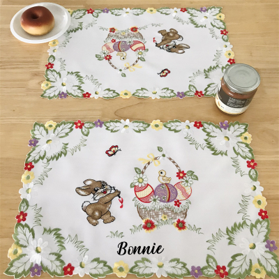 Custom Embroidered Name Easter Bunny Colorful Eggs Tablecloth, Cute Spring Flower Bunny Table Runner, Dining Decor, Easter Gift for Hostess/Family