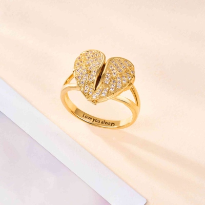 Custom Engraved Heart Shape Angel Wings Photo Locket Ring, Sterling Silver 925 Dainty Jewelry, Anniversary/Birthday/Christmas Gift for Wife/Mom/Women