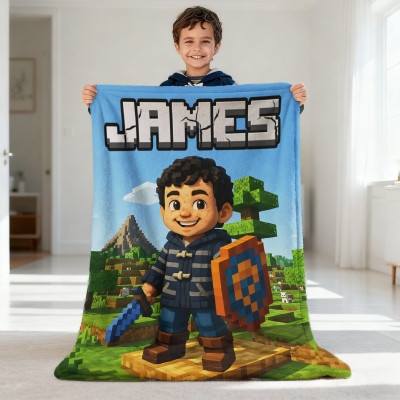 Personalized Photo Pixel-Style Blanket with Name, Flannel/Sherpa Bed Couch Throw, Home Decor, Birthday/Christmas Gift for Kids/Boys/Video Game Lovers