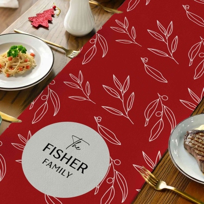 Personalized Christmas Foliage Table Runner with Name, Winter Holiday Kitchen Dining Party Table Decor, Christmas Gift for Mom/Hostess/Family