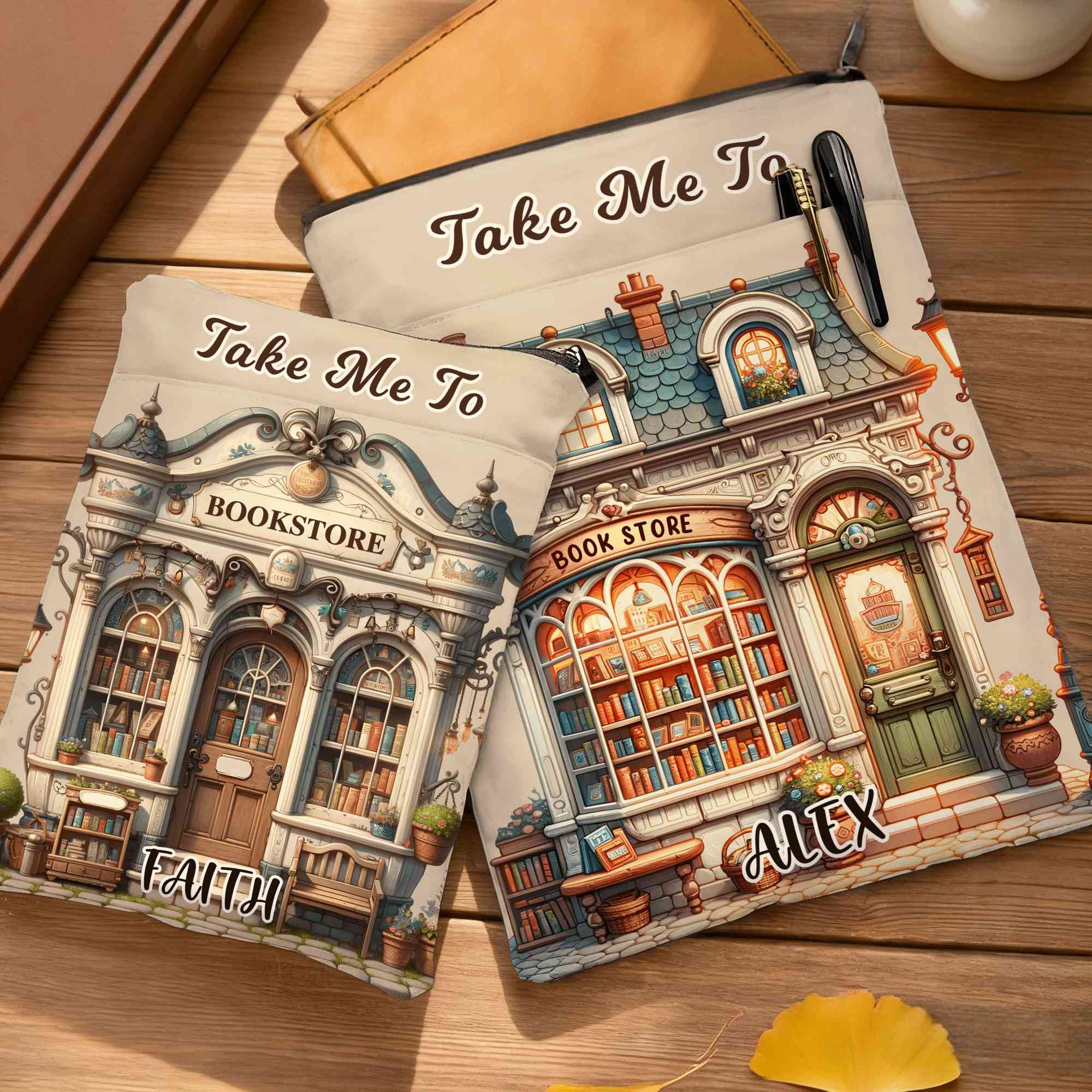 Personalized Name Bookstore Design Zippered Book Sleeve Cover, Washable Book Protector Pouch with Front Pocket, Gift for Book Lovers/Readers