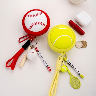 Custom Name Beaded Tennis Ball Keychain Coin Purse with Racket & Ball Charms, Waterproof Silicone Headphones Storage Bag, Gift for Tennis Lovers