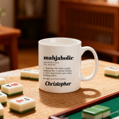 Custom Name Funny Mahjaholic Definition Mug, 11oz/15oz Two Tone Ceramic Coffee Mug with Coaster, Tile Game Tea Cup, Gift for Mahjong Lovers/Players