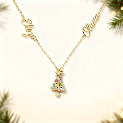 Personalized Christmas Tree Necklace with Names & Birthstone, Sterling Silver 925 Dainty Jewelry, Christmas Gift for Mom/Couple/Sister/Bestie