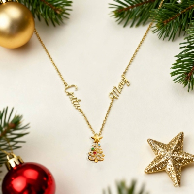 Personalized Sideways Names Christmas Tree Necklace with Birthstones, Sterling Silver 925 Dainty Jewelry, Christmas Gift for Wife/Mom/Grandma/Women