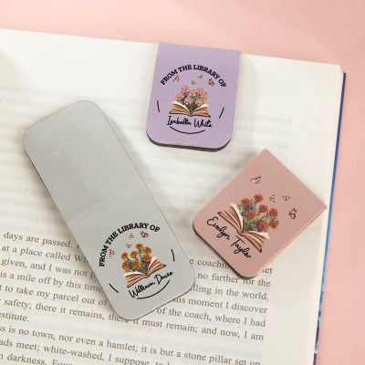 Custom Name Birth Flower Library Leather Bookmark, Magnetic Bookmark Clip, Reading Accessory, Birthday/Christmas Gift for Book Lovers/Librarians/Women