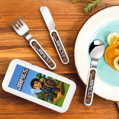 Personalized Photo & Name Pixel-Style Cutlery Set with Box, Food Grade Stainless Steel Knife, Fork & Spoon Set, Birthday Gift for Kids/Boys/Toddlers