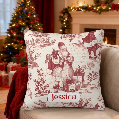Custom Name Red Toile Santa Claus & Pine Tree Christmas Throw Pillow Cover, Pillowcase with Optional Insert, Holiday Decor, Christmas Gift for Family