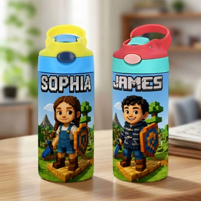 Custom Photo & Name Pixel-Style Water Bottle, Stainless Steel 12oz Cup with Silicone Straw & Spill-Proof Lid, Birthday Gift for Kids/Boys/Toddlers
