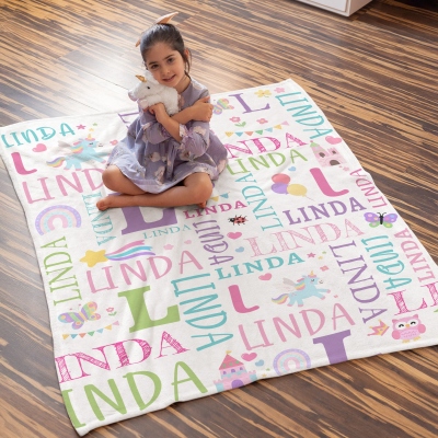 Personalized Name & Initial Cartoon Design Word Cloud Blanket, Flannel/Sherpa Bed Couch Throw, Home Decor, Birthday/Christmas Gift for Kids/Boys/Girls