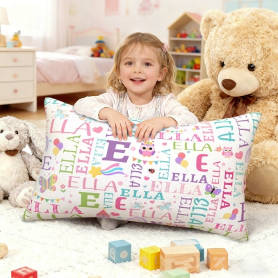 Custom Name & Initial Cartoon Design Word Cloud Throw Pillow Cover, Pillowcase with Optional Insert, Nursery Home Decor, Gift for Kids/Boys/Girls