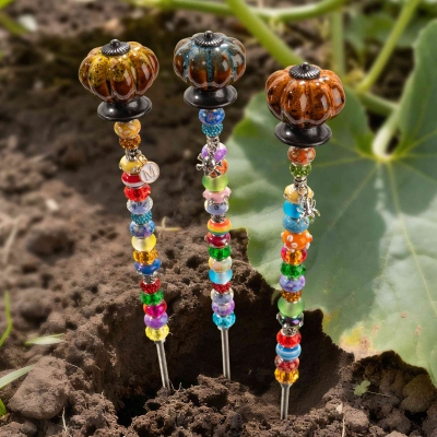 Personalized Ceramic Pumpkin Topper Beaded Fairy Wand Garden Stake, Decorative Plant Stake, Halloween/Thanksgiving Gift for Gardeners/Grandma/Women