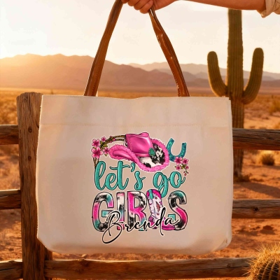 Custom Name Let's Go Girls Western Cowgirls Tote Bag, Large Capacity Canvas Handbag with Leather Handles, Birthday/Wedding Gift for Her/Bridesmaids