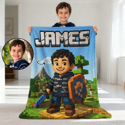 Personalized Photo Pixel-Style Blanket with Name, Flannel/Sherpa Bed Couch Throw, Home Decor, Birthday/Christmas Gift for Kids/Boys/Video Game Lovers