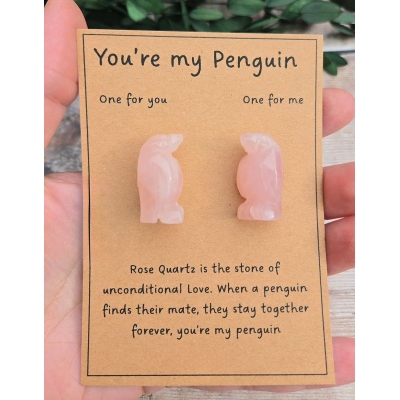 Cute Rose Quartz PENGUIN gift for loved one. my penguin. gift for boyfriend, girlfriend, wife, husband,friendship gift. His hers set