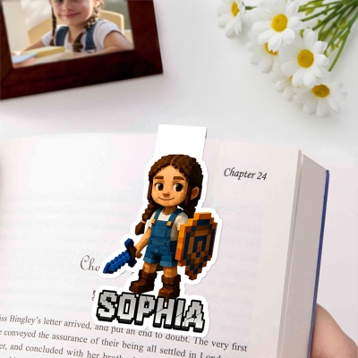 Custom Photo & Name Pixel-Style Bookmark, Magnetic Bookmark Clip, Back to School/Birthday/Christmas Gift for Book Lovers/Kids/Boys/Video Game Lovers