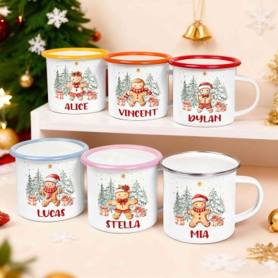 Personalized Cute Gingerbread Man Enamel Mug with Name, 12oz Shatterproof Cup with Handle, Hot Cocoa Milk Mug, Christmas Gift for Kids/Boys/Girls