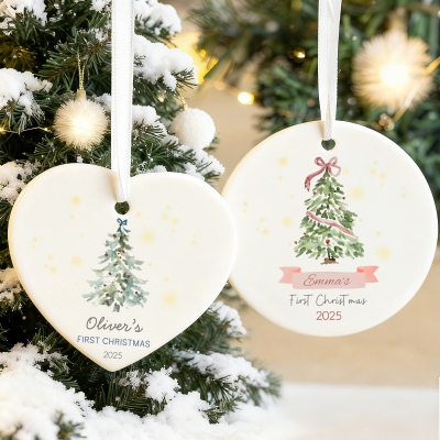 Personalized Name & Year Baby's First Christmas Ornament, Heart/Round Ceramic Christmas Tree Hanging Decor, Christmas Gift for Newborns/New Parents