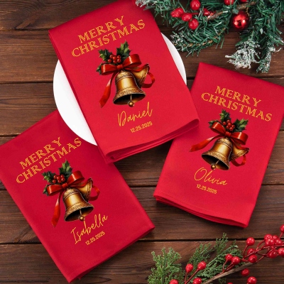 Personalized Name Christmas Bell Napkin, Party Dinner Red Napkin, Dish Towel, Kitchen Accessory, Housewarming/Christmas Gift for Hostess/Mom/Family