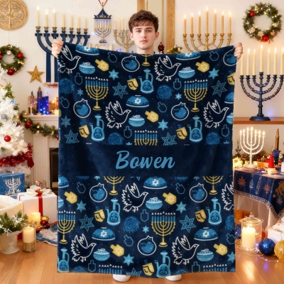 Personalized Hanukkah Blanket with Name, Custom Jewish Holiday Throw