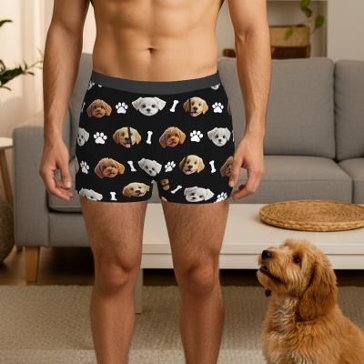 Personalized 1-3 Dog Photos Paw & Bone Print Funny Boxer Briefs, Multicolor Men's Underwear, Valentine's Day/Wedding Gift for Husband/Boyfriend