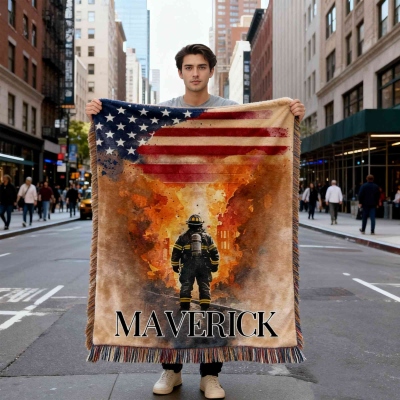 Personalized Firefighter Tassel Throw Blanket with Name, Custom Fireman Gift, Cozy Hero-Themed Sofa Blanket