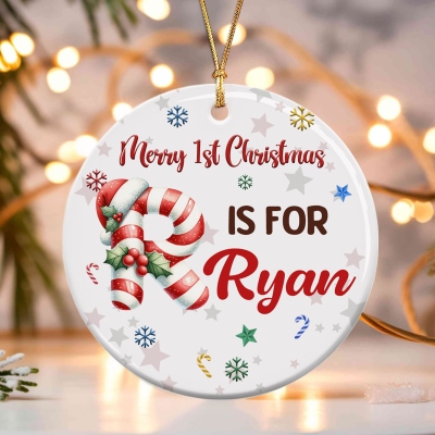 Personalized Name & Initial Candy Cane Design Baby's Merry First Christmas Ornament, Ceramic Christmas Tree Hanging Decor, Christmas Gift for Newborns