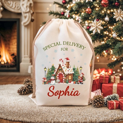 Custom Name Special Delivery Christmas Gift Bag, Santa Claus/Snowman/Penguin Design Canvas Christmas Sack with Drawstring, Christmas Gift for Kids