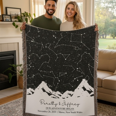 Personalized Names Star Map Moon Phase Blanket with Tassels, Night Sky for Special Date & Location Throw, Anniversary/Valentine's Day Gift for Couple
