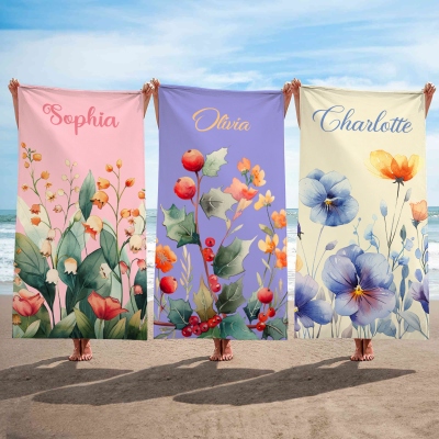 Personalized Name Watercolor Birth Flower Beach Towel, Quick Dry Microfiber Bath Towel, Vacation/Beach/Pool Party Favor, Gift for Her/Mom/Bridesmaids