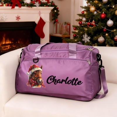 Custom Name Christmas Horse Duffle Bag, Horse Training Gear Weekender Bag, Overnight Bag with Shoulder Strap, Gift for Horse Lovers/Riders/Equestrians