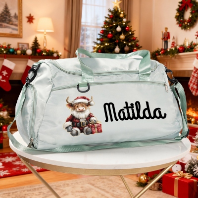 Personalized Name Christmas Highland Cow Duffle Bag, Waterproof Weekender Bag, Overnight Bag with Shoulder Strap, Gift for Highland Cow Lovers/Women